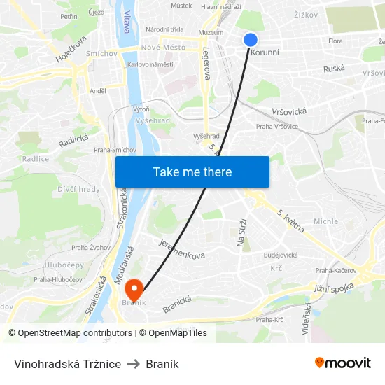 Vinohradská Tržnice to Braník map