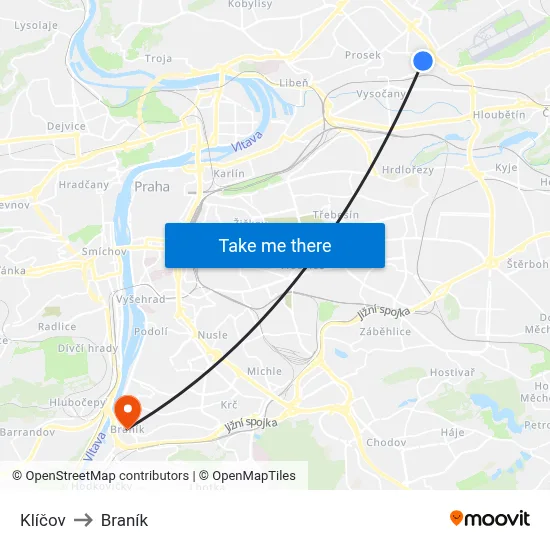 Klíčov to Braník map