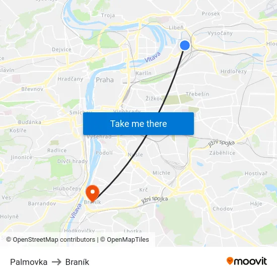 Palmovka to Braník map
