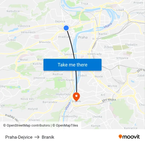 Praha-Dejvice to Braník map