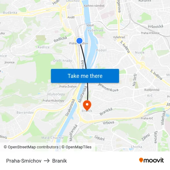 Praha-Smíchov to Braník map