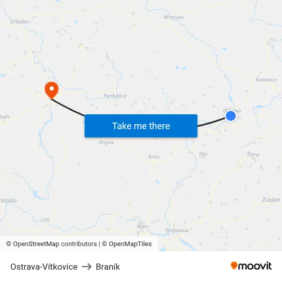 Ostrava-Vítkovice to Braník map