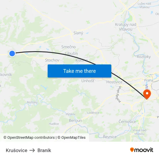 Krušovice to Braník map