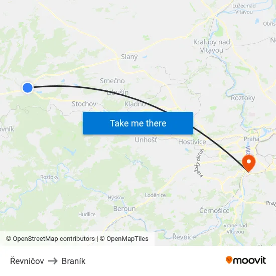 Řevničov to Braník map