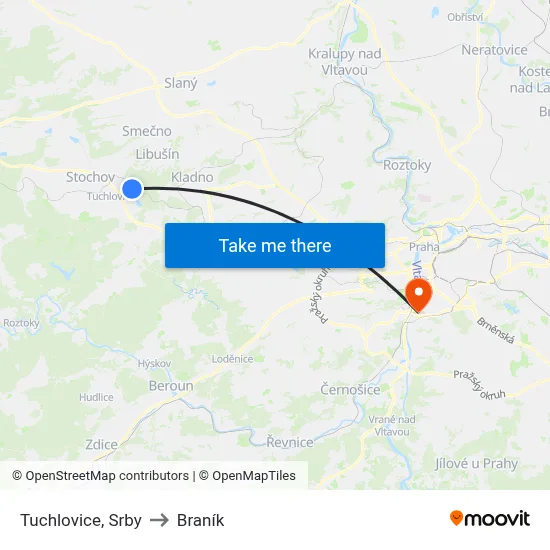 Tuchlovice, Srby to Braník map