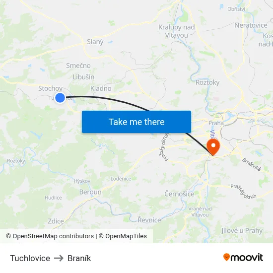 Tuchlovice to Braník map