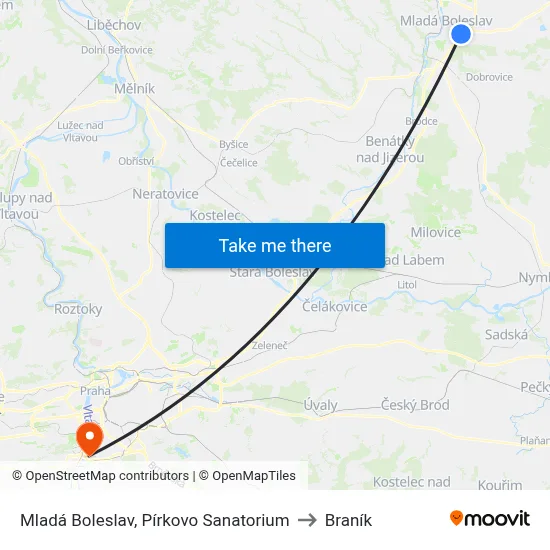 Mladá Boleslav, Pírkovo Sanatorium to Braník map