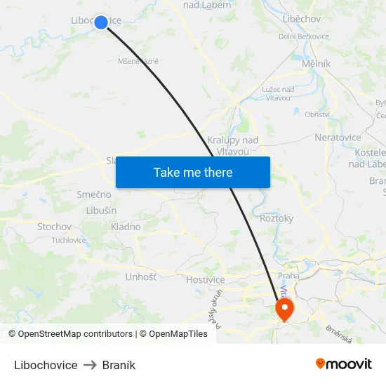 Libochovice to Braník map