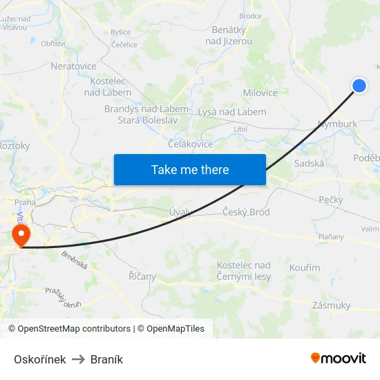 Oskořínek to Braník map