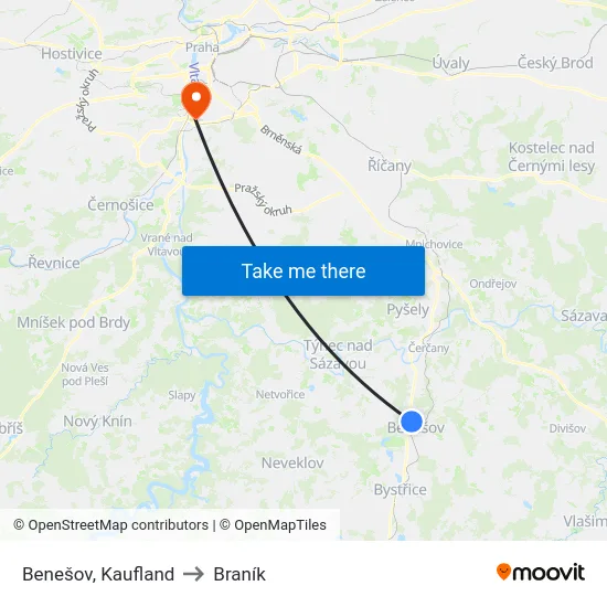 Benešov, Kaufland to Braník map