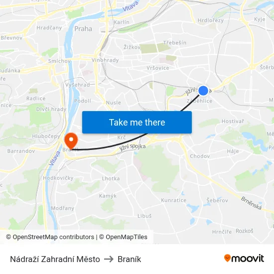 Nádraží Zahradní Město to Braník map