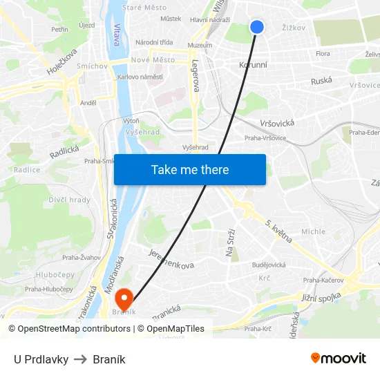 U Prdlavky to Braník map