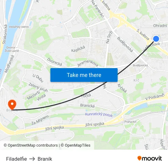 Filadelfie to Braník map