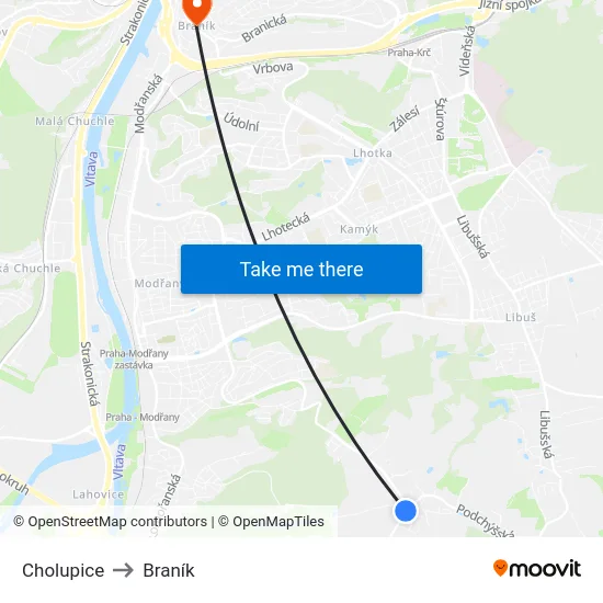 Cholupice to Braník map