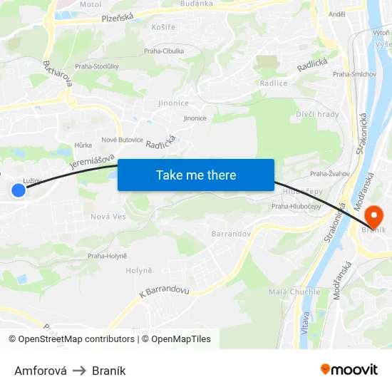 Amforová to Braník map