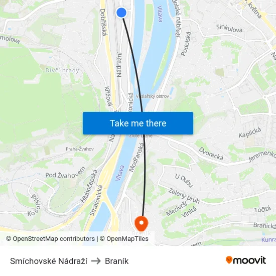 Smíchovské Nádraží to Braník map