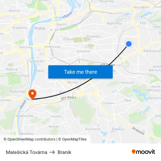 Malešická Továrna to Braník map