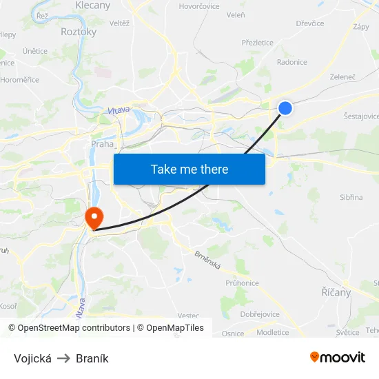 Vojická to Braník map