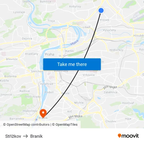 Střížkov to Braník map