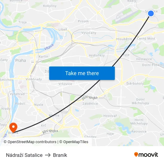 Nádraží Satalice to Braník map