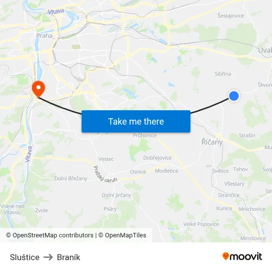 Sluštice to Braník map