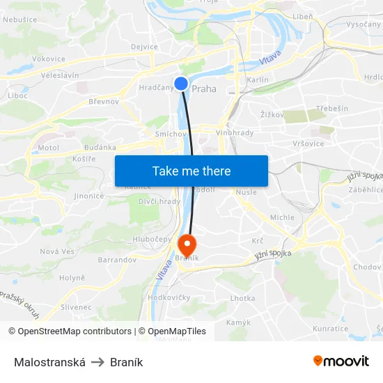 Malostranská to Braník map