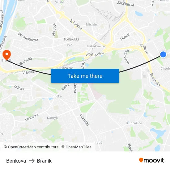 Benkova to Braník map