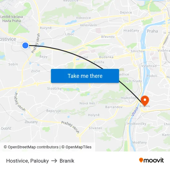 Hostivice, Palouky to Braník map