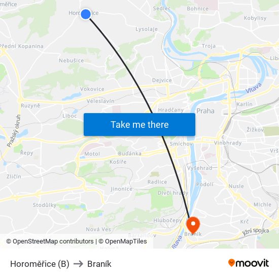 Horoměřice (B) to Braník map