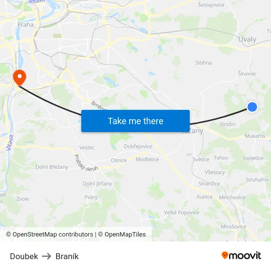 Doubek to Braník map