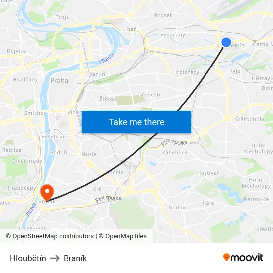 Hloubětín to Braník map