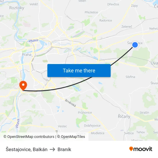 Šestajovice, Balkán to Braník map