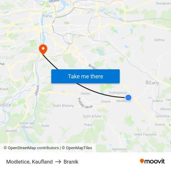 Modletice, Kaufland to Braník map