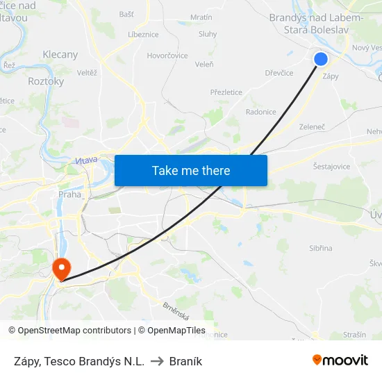 Zápy, Tesco Brandýs N.L. to Braník map