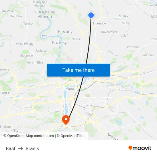 Bašť to Braník map