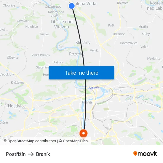 Postřižín to Braník map