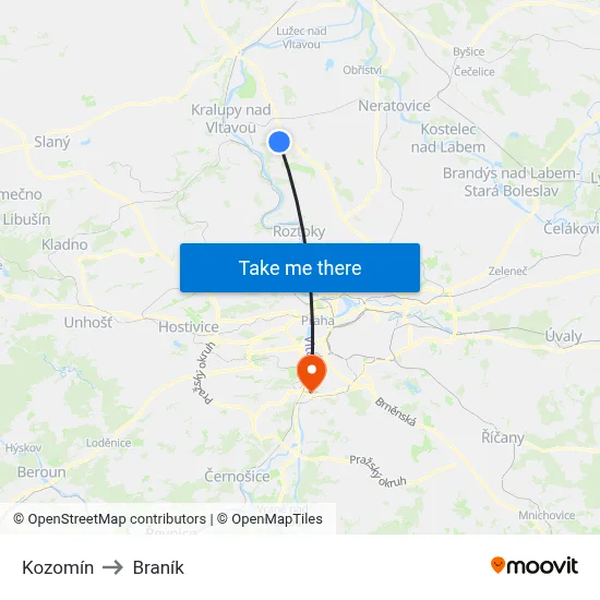 Kozomín to Braník map