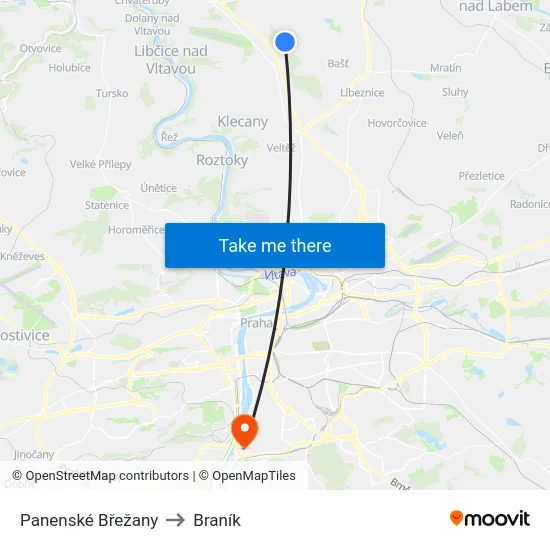 Panenské Břežany to Braník map