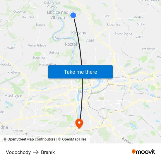 Vodochody to Braník map