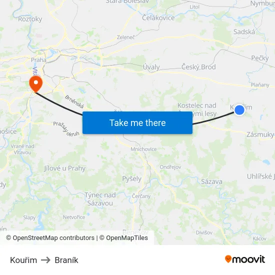 Kouřim to Braník map