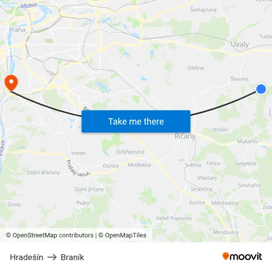 Hradešín to Braník map