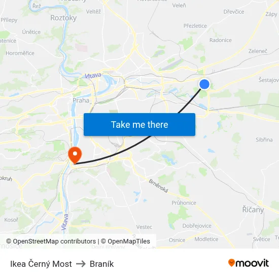 Ikea Černý Most to Braník map