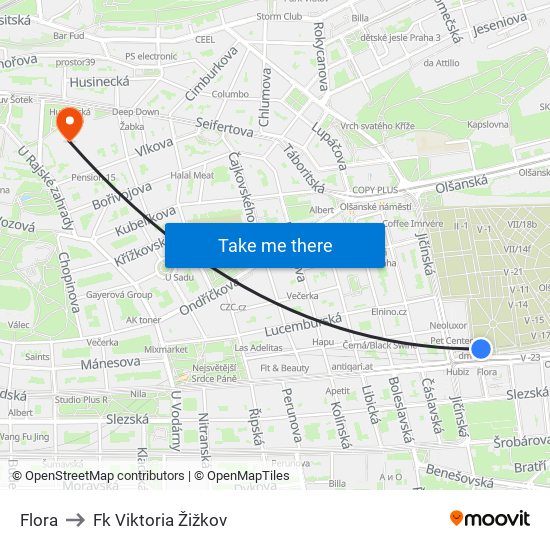 Flora to Fk Viktoria Žižkov map
