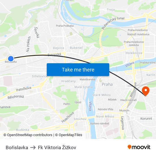 Bořislavka to Fk Viktoria Žižkov map
