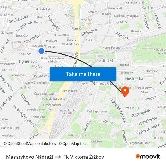 Masarykovo Nádraží (D) to Fk Viktoria Žižkov map
