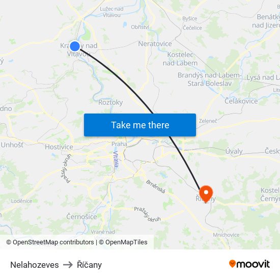 Nelahozeves to Říčany map