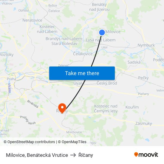 Milovice, Benátecká Vrutice to Říčany map