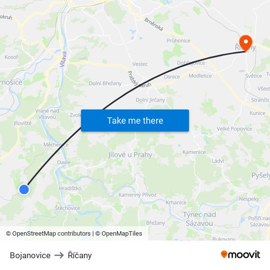 Bojanovice to Říčany map