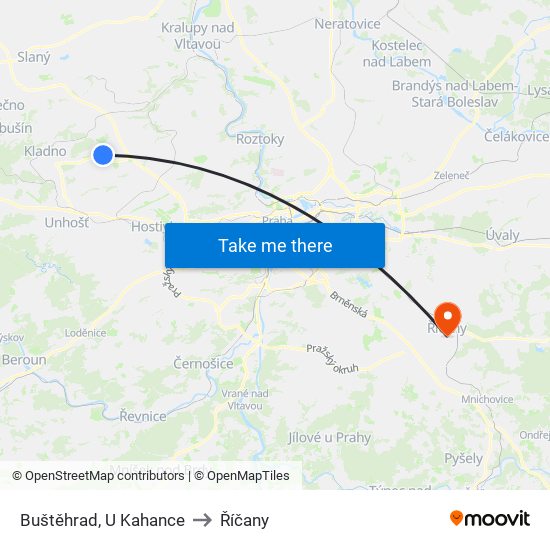 Buštěhrad, U Kahance to Říčany map