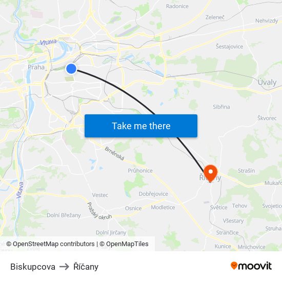 Biskupcova to Říčany map